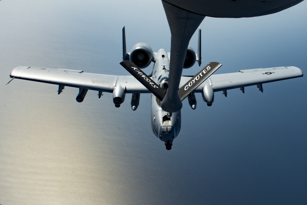 A U.S. Air Force KC-135 aircrew assigned to the 28th Expeditionary Air Refueling Squadron conducts an aerial refueling mission