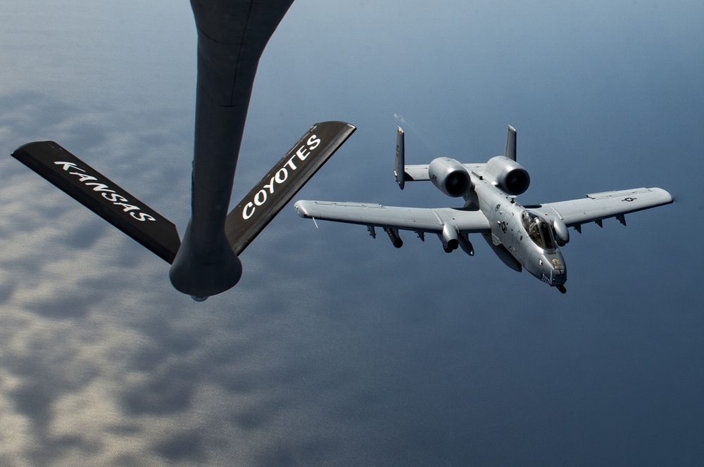 A U.S. Air Force KC-135 aircrew assigned to the 28th Expeditionary Air Refueling Squadron conducts an aerial refueling mission