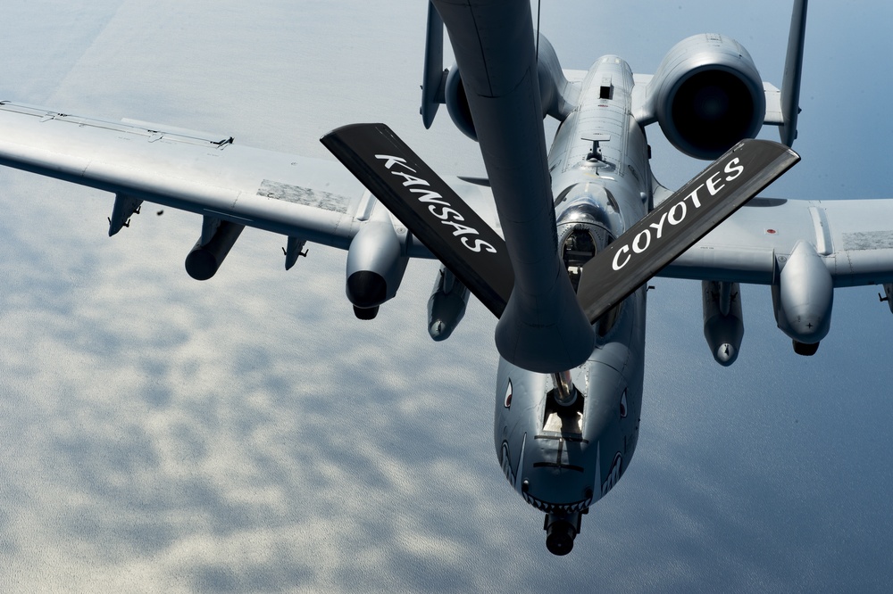 A U.S. Air Force KC-135 aircrew assigned to the 28th Expeditionary Air Refueling Squadron conducts an aerial refueling mission