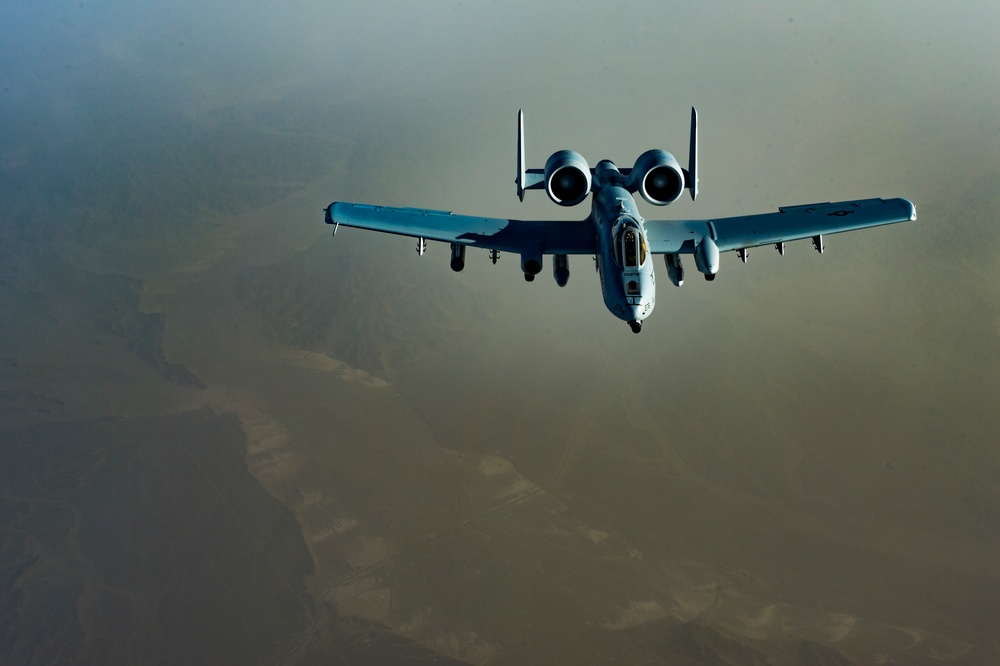 A U.S. Air Force KC-135 aircrew assigned to the 28th Expeditionary Air Refueling Squadron conducts an aerial refueling mission