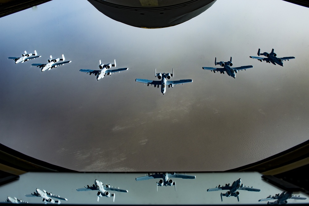 A U.S. Air Force KC-135 aircrew assigned to the 28th Expeditionary Air Refueling Squadron conducts an aerial refueling mission