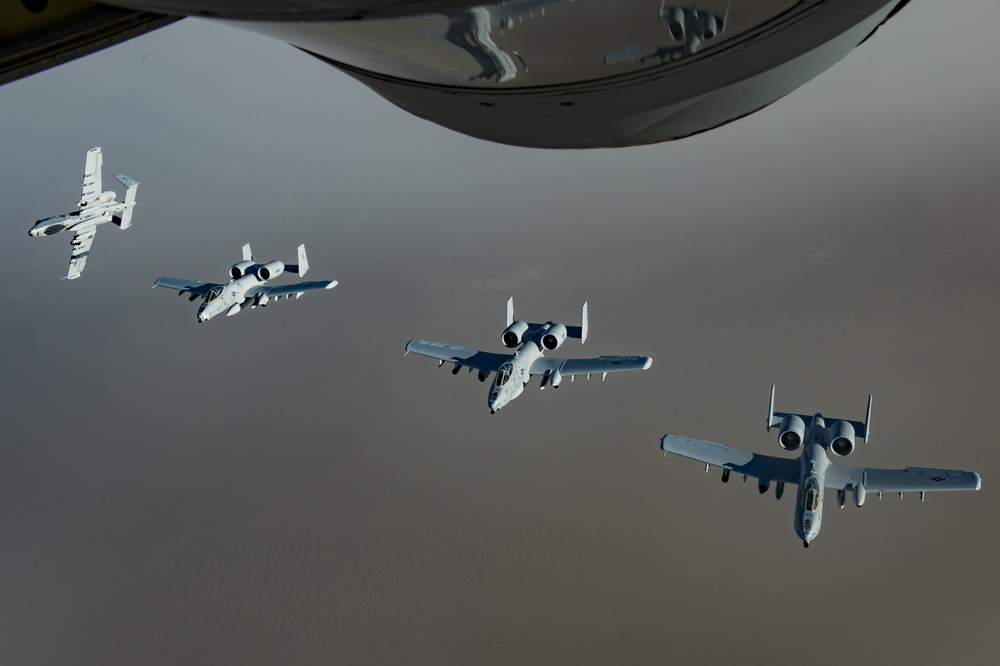 A U.S. Air Force KC-135 aircrew assigned to the 28th Expeditionary Air Refueling Squadron conducts an aerial refueling mission