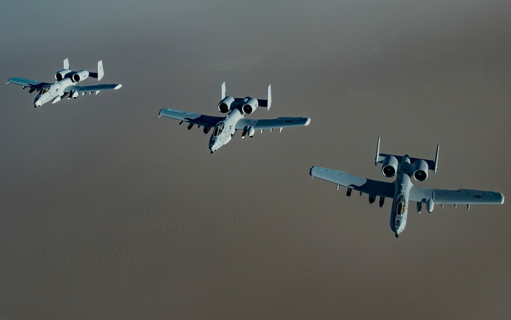 A U.S. Air Force KC-135 aircrew assigned to the 28th Expeditionary Air Refueling Squadron conducts an aerial refueling mission