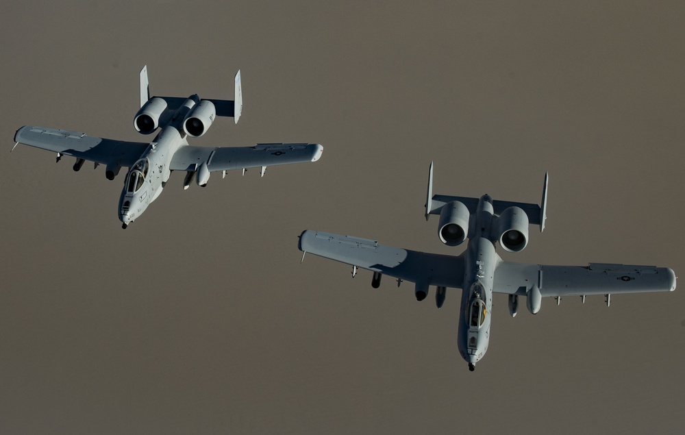 A U.S. Air Force KC-135 aircrew assigned to the 28th Expeditionary Air Refueling Squadron conducts an aerial refueling mission