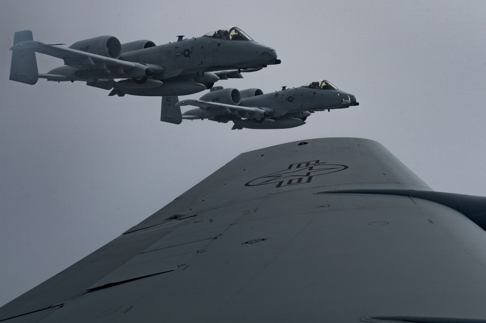 A U.S. Air Force KC-135 aircrew assigned to the 28th Expeditionary Air Refueling Squadron conducts an aerial refueling mission