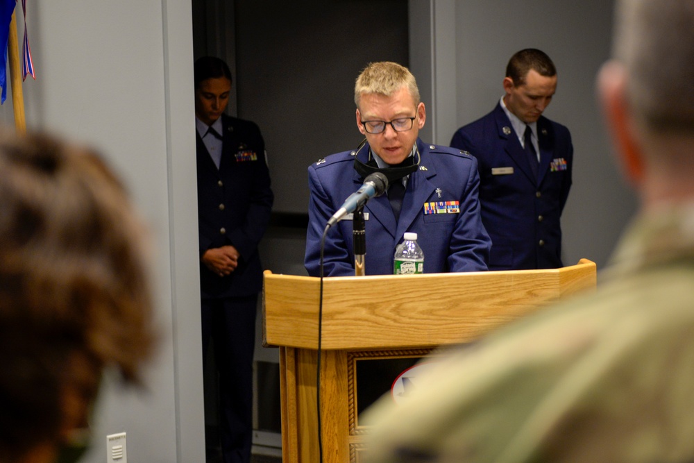 157th Air Refueling Wing Chaplain gives invocation during change of authority ceremony