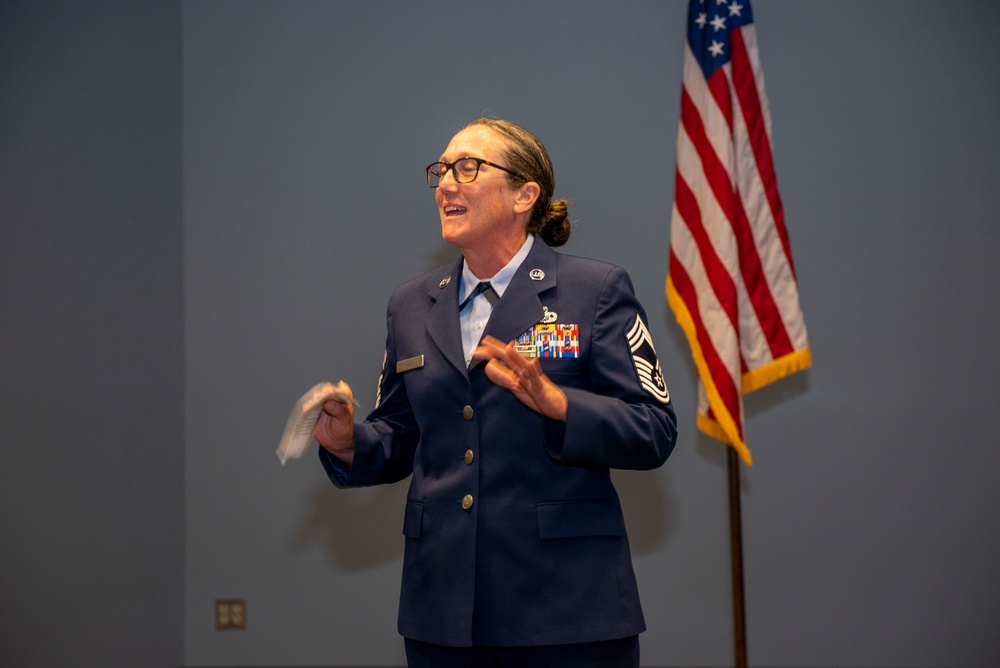 157th Air Refueling Wing Command Chief addresses family, friends and fellow airmen