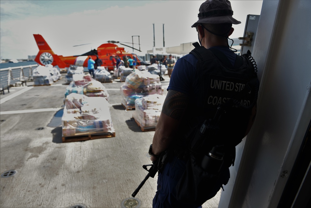 USCGC JAMES offloaded approximately 30,000 pounds of cocaine and marijuana worth an estimated $408 million