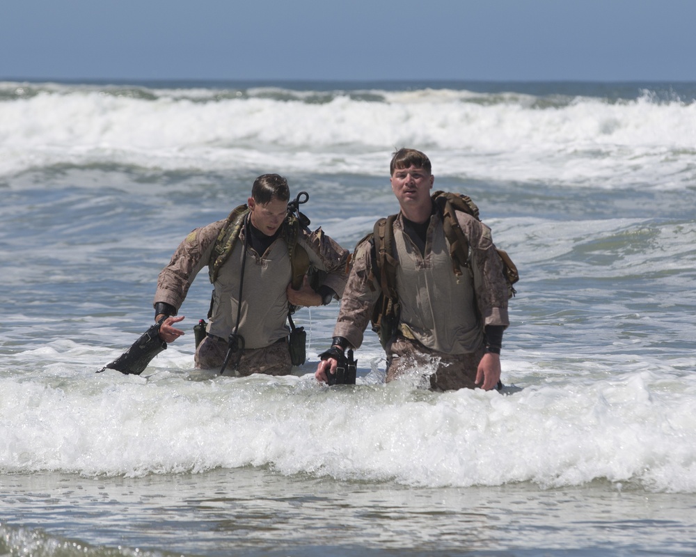 Reconnaissance and Explosive Ordnance Disposal Marines take the beach