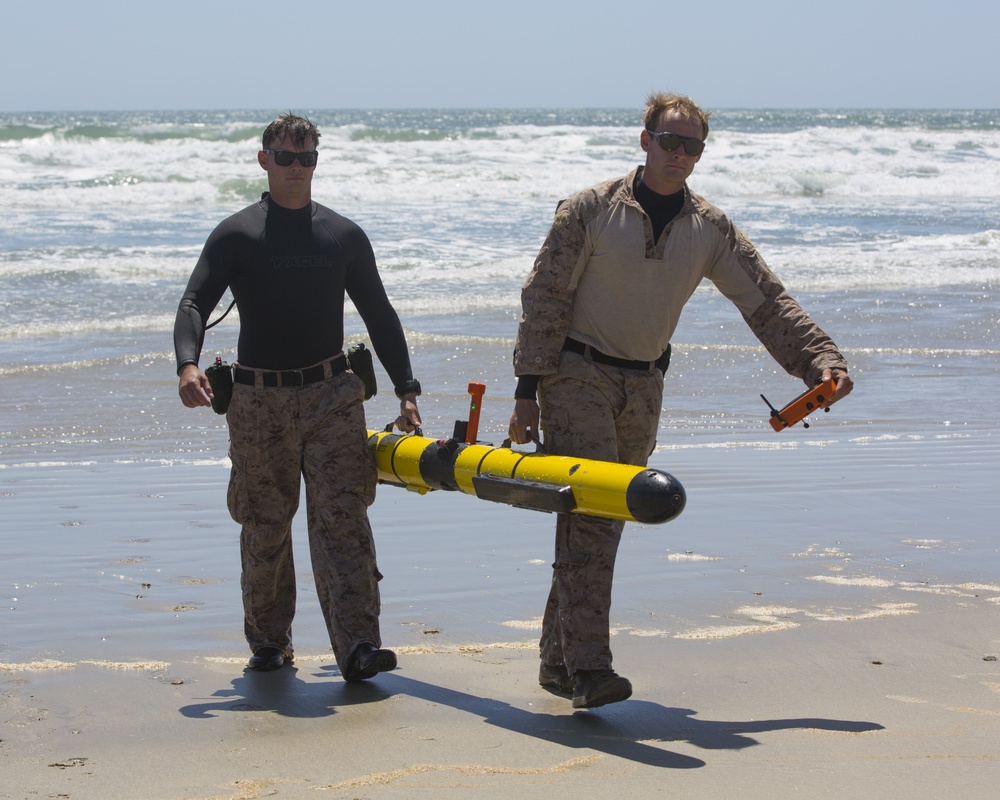 Reconnaissance and Explosive Ordnance Disposal Marines take the beach