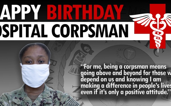 This is a military promotional/celebratory graphic honoring Hospital Corpsman Third Class (HM3) Quanisha Knight from NMRTC Bremerton on the Hospital Corpsman birthday. The image features a U.S. Navy service member in digital camouflage (NWU Type III) uniform wearing a white face mask, with arms crossed. A motivational quote about the meaning of being a corpsman is displayed alongside Navy medical insignia.