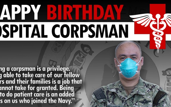 This is a U.S. Navy birthday tribute graphic honoring Hospital Corpsman First Class (HM1) Julius Ramirez from NMRTC Bremerton. The image features a uniformed Navy sailor wearing a surgical/N95 mask and NWU Type III camouflage uniform with arms crossed. It includes a motivational quote about the privilege of serving as a corpsman and caring for fellow sailors.