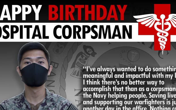 This is a U.S. Navy promotional/celebratory graphic honoring the birthday of the Hospital Corpsman rating. It features Hospitalman Jared Victa from NMRTC Bremerton, wearing Navy Working Uniform (NWU) and a black face mask, with a motivational quote about serving as a Navy corpsman. The graphic includes medical insignia (caduceus on a red cross) and a Naval Hospital Everett watermark seal in the background.