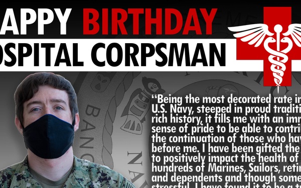 This is a military promotional/celebratory graphic honoring the birthday of the U.S. Navy Hospital Corps. It features Hospitalman Curtis Boney from NMRTC Bremerton, wearing Navy digital camouflage (NWU Type III) and a black face mask. The graphic includes a personal quote from Boney about his pride and fulfillment in serving as a Hospital Corpsman.