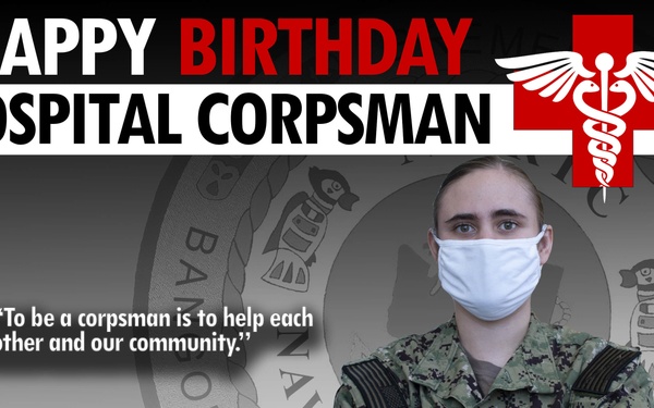 This is a military promotional/celebratory graphic honoring Hospitalman April Arrowood from NMRTC Bremerton on the Hospital Corpsman birthday. The image features a U.S. Navy service member in digital camouflage (NWU Type III) uniform wearing a white face mask with arms crossed. A quote reads: 'To be a corpsman is to help each other and our community.'