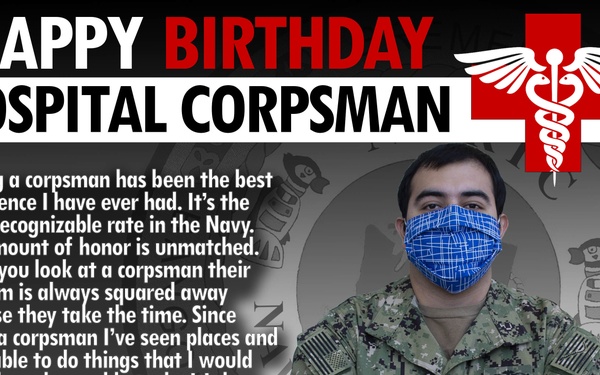 This is a U.S. Navy birthday tribute graphic for Hospital Corpsman HM3 Adrian Monroy, stationed at NMRTC Bremerton. The image features a portrait of the service member in Navy Working Uniform (NWU Type III) wearing a blue face mask with arms crossed. A quote from Monroy about his pride in being a corpsman is displayed alongside medical insignia.