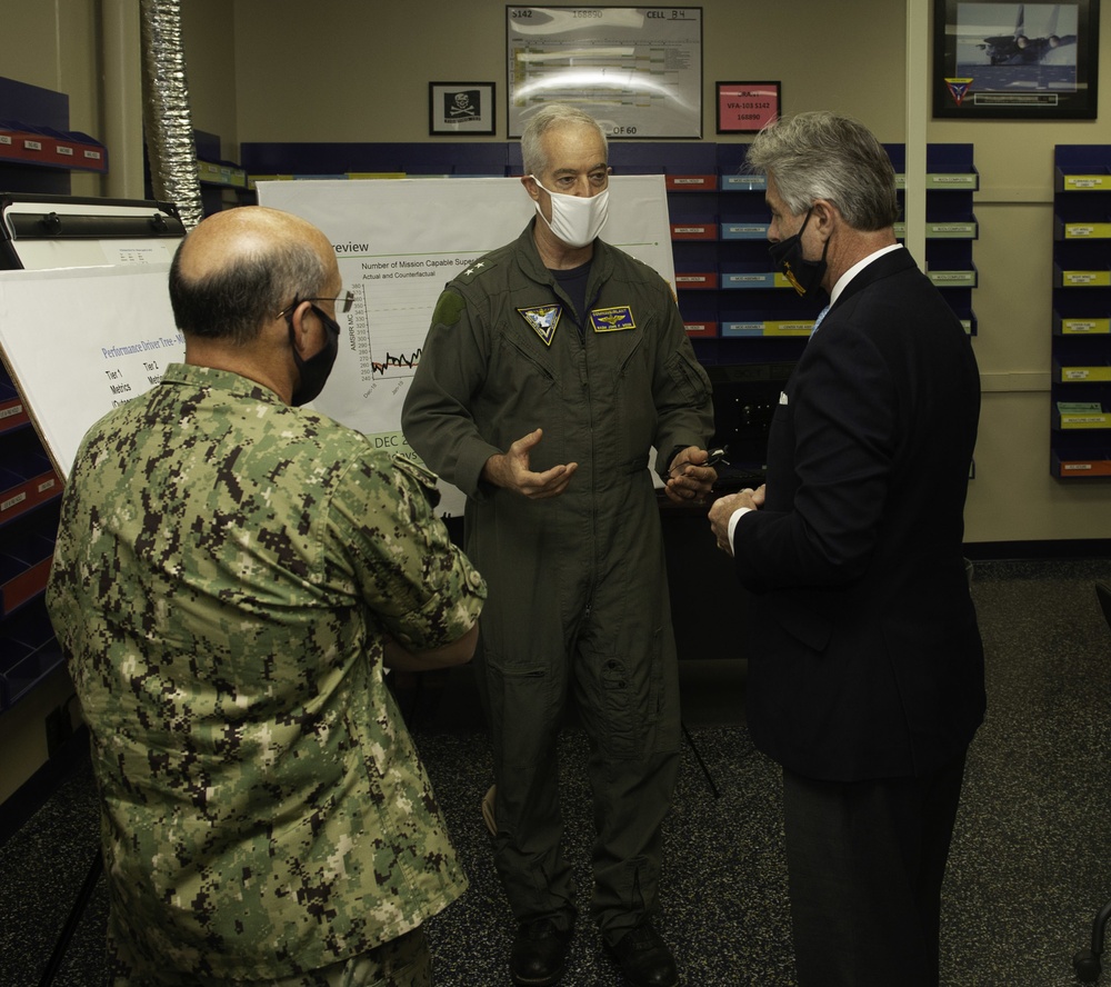 Rear Adm. John F. Meier, Commander, Naval Air Force Atlantic speaks with Honorable Kenneth J. Braithwaite, Secretary of the Navy, and Adm. Michael Gilday, Chief of Naval Operations during a scheduled visit to Naval Air Station (NAS) Oceana, June 11.