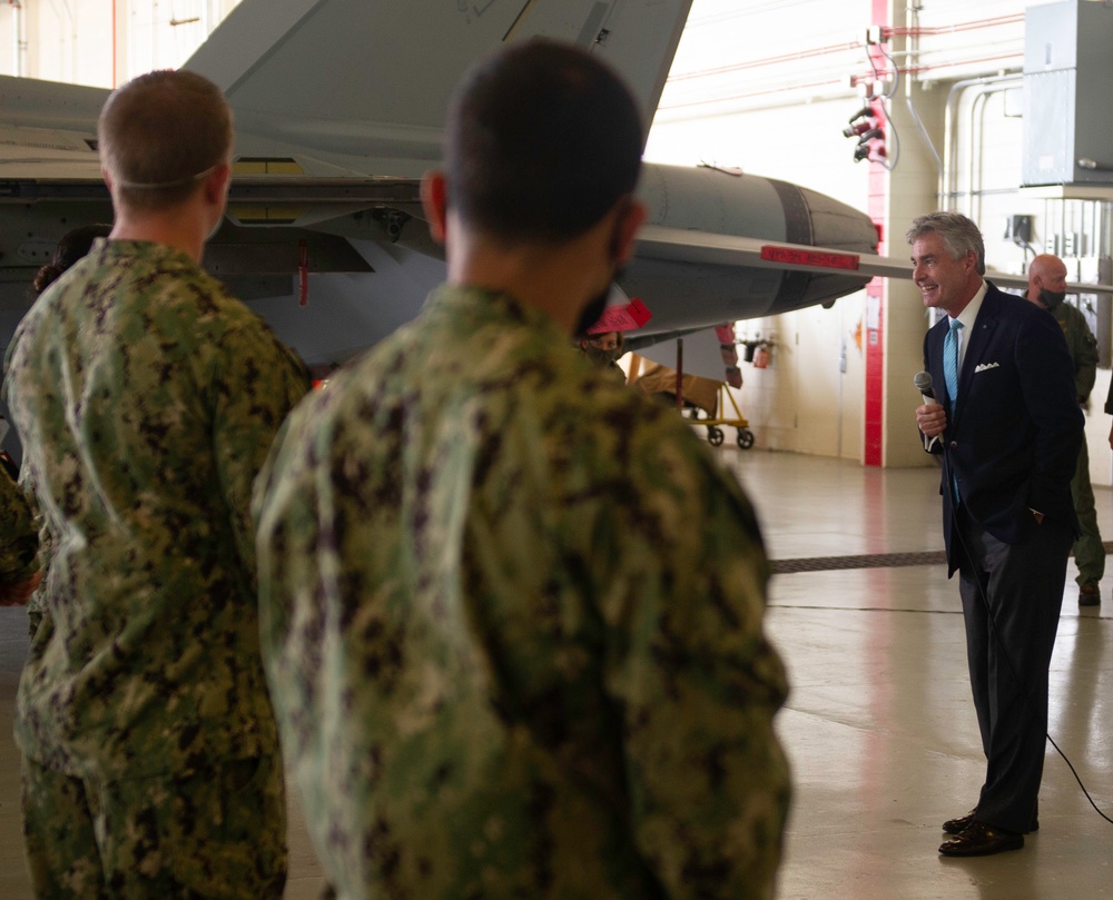 The Honorable Kenneth J. Braithwaite, Secretary of the Navy listens to a Sailor’s question during his scheduled visit to Naval Air Station (NAS) Oceana, June 11.