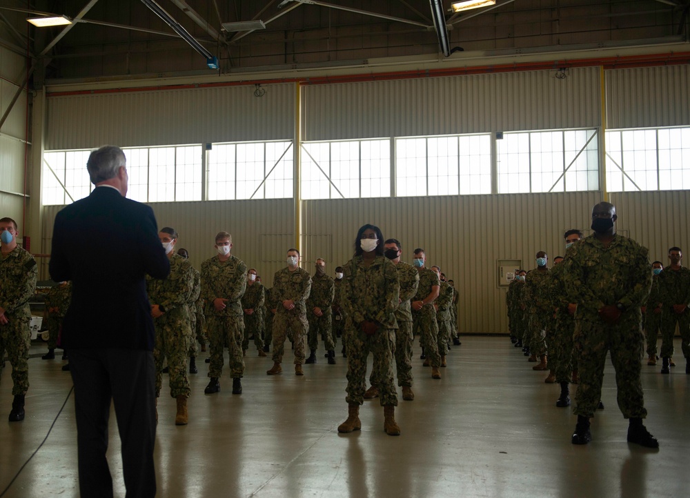 The Honorable Kenneth J. Braithwaite, Secretary of the Navy speaks with Sailors during his scheduled visit to Naval Air Station (NAS) Oceana, June 11.