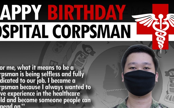This is a U.S. Navy birthday tribute graphic for the Hospital Corpsman rating, featuring Hospitalman Merven Cuevas from NMRTC Bremerton. The graphic includes a portrait photo of the service member in Navy Working Uniform (NWU Type III) wearing a black face mask. A quote from Cuevas describes his motivation for becoming a corpsman.