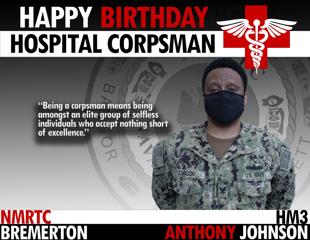 This is a military birthday recognition graphic for Hospital Corpsman 3rd Class (HM3) Anthony Johnson from NMRTC Bremerton. The image features a U.S. Navy service member in digital camouflage (NWU Type III) uniform wearing a black face mask. A quote about the corpsman community and a caduceus medical symbol are prominently displayed.