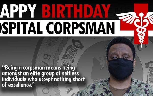 This is a military birthday recognition graphic for Hospital Corpsman 3rd Class (HM3) Anthony Johnson from NMRTC Bremerton. The image features a U.S. Navy service member in digital camouflage (NWU Type III) uniform wearing a black face mask. A quote about the corpsman community and a caduceus medical symbol are prominently displayed.