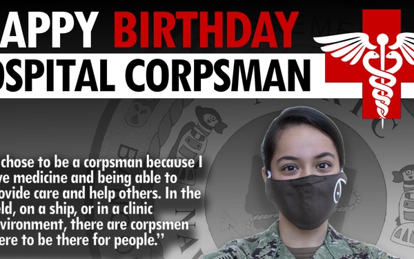 This is a military promotional graphic celebrating the birthday of the Hospital Corpsman rating in the U.S. Navy. It features Hospitalman Susan Orozco from NMRTU PSNS, shown in Navy Working Uniform (NWU) with a face mask, alongside a motivational quote about her reasons for becoming a corpsman. The graphic uses a red, black, and white color scheme with a caduceus medical symbol.