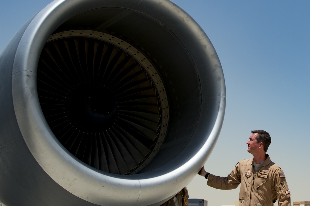 A U.S. Air Force KC-135 aircrew assigned to the 28th Expeditionary Air Refueling Squadron conducts an aerial refueling mission