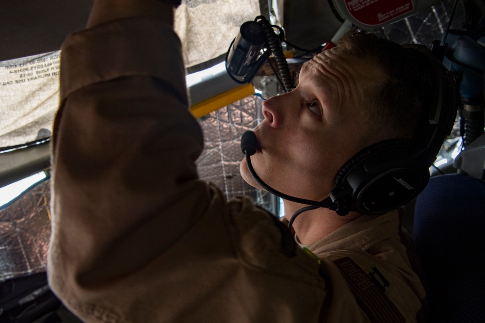 A U.S. Air Force KC-135 aircrew assigned to the 28th Expeditionary Air Refueling Squadron conducts an aerial refueling mission