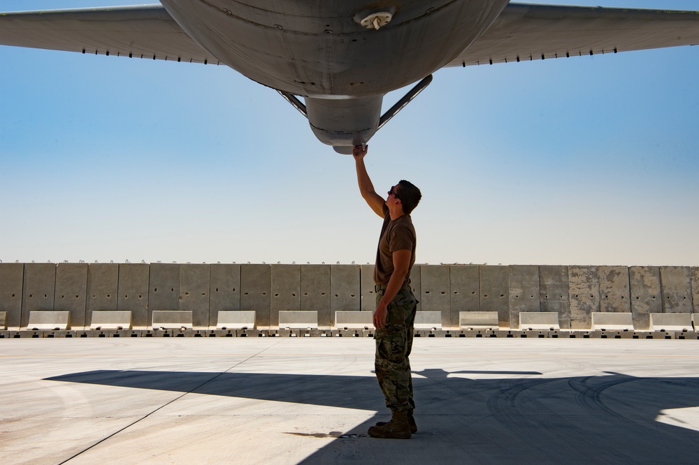 A U.S. Air Force KC-135 aircrew assigned to the 28th Expeditionary Air Refueling Squadron conducts an aerial refueling mission