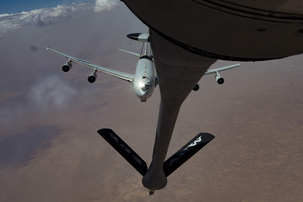 A U.S. Air Force KC-135 aircrew assigned to the 28th Expeditionary Air Refueling Squadron conducts an aerial refueling mission