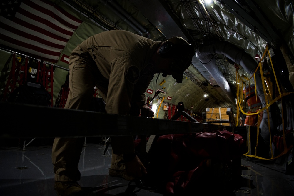 A U.S. Air Force KC-135 aircrew assigned to the 28th Expeditionary Air Refueling Squadron conducts an aerial refueling mission