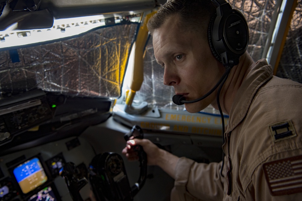 A U.S. Air Force KC-135 aircrew assigned to the 28th Expeditionary Air Refueling Squadron conducts an aerial refueling mission