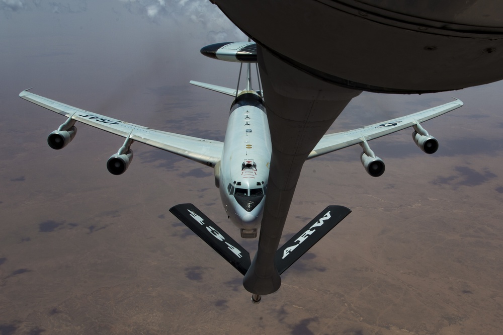 A U.S. Air Force KC-135 aircrew assigned to the 28th Expeditionary Air Refueling Squadron conducts an aerial refueling mission