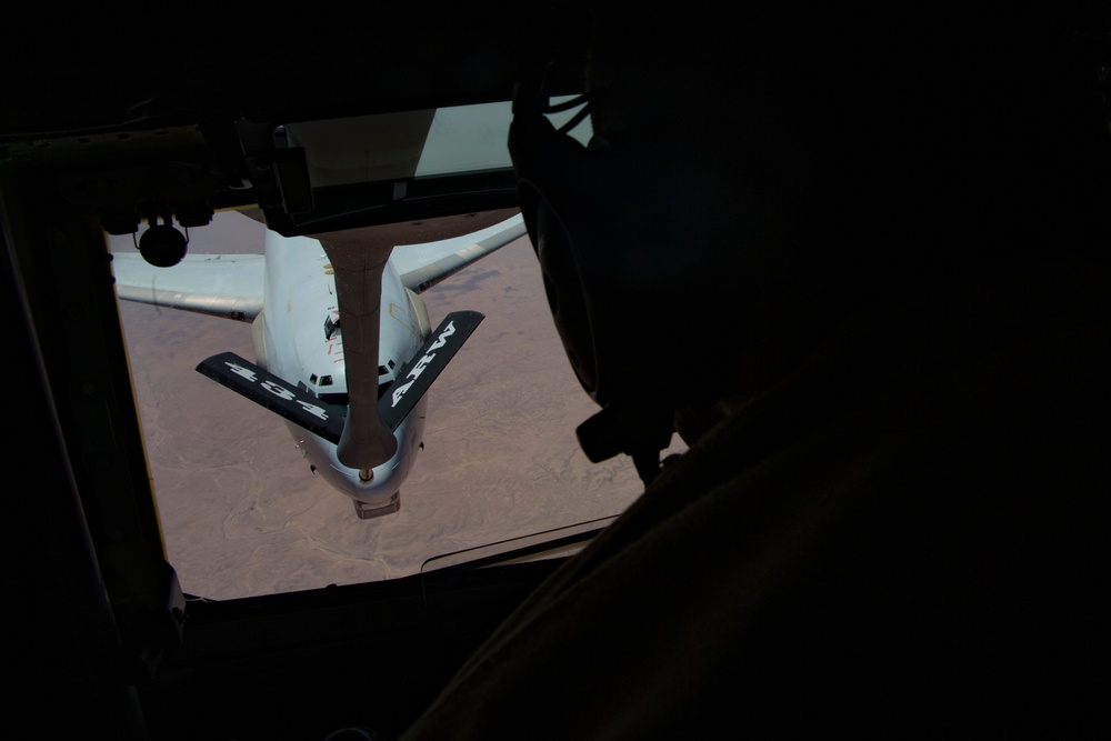 A U.S. Air Force KC-135 aircrew assigned to the 28th Expeditionary Air Refueling Squadron conducts an aerial refueling mission