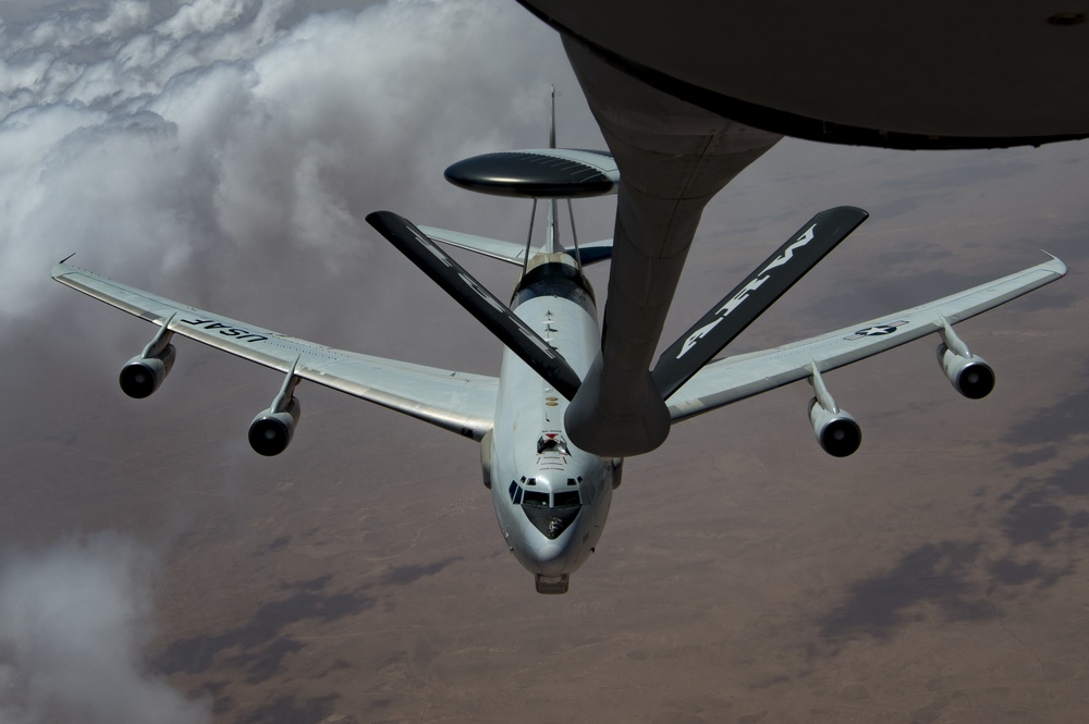 A U.S. Air Force KC-135 aircrew assigned to the 28th Expeditionary Air Refueling Squadron conducts an aerial refueling mission