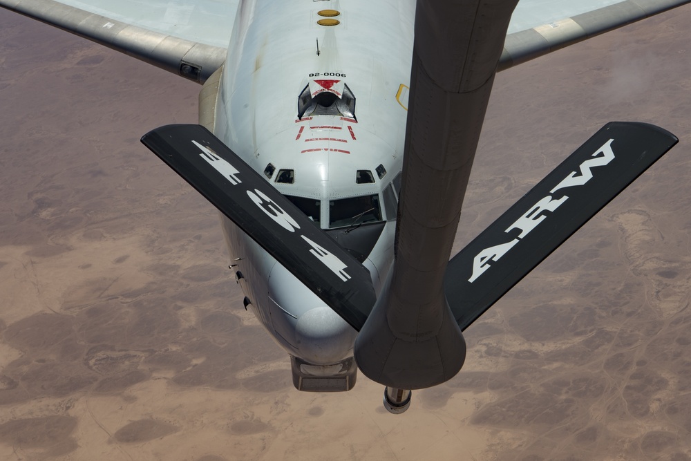 A U.S. Air Force KC-135 aircrew assigned to the 28th Expeditionary Air Refueling Squadron conducts an aerial refueling mission