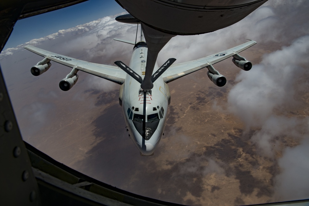 A U.S. Air Force KC-135 aircrew assigned to the 28th Expeditionary Air Refueling Squadron conducts an aerial refueling mission