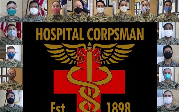 A commemorative collage poster for the U.S. Navy Hospital Corpsman rating, established in 1898. The central graphic features the Hospital Corpsman emblem — a caduceus over a red cross with wings — surrounded by individual portrait photos of uniformed Navy personnel all wearing face masks. The poster includes the Hospital Corpsman's pledge text, suggesting this was created during the COVID-19 pandemic era.
