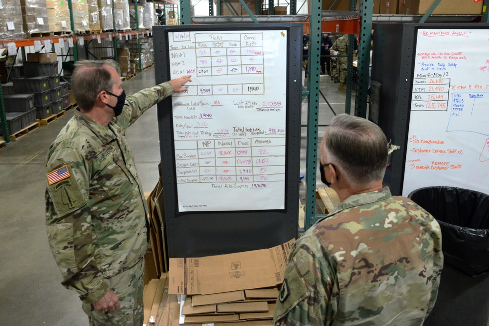 Bret D. Daugherty, Adjutant General, Washington State visits COVID-19 test kit assembly site