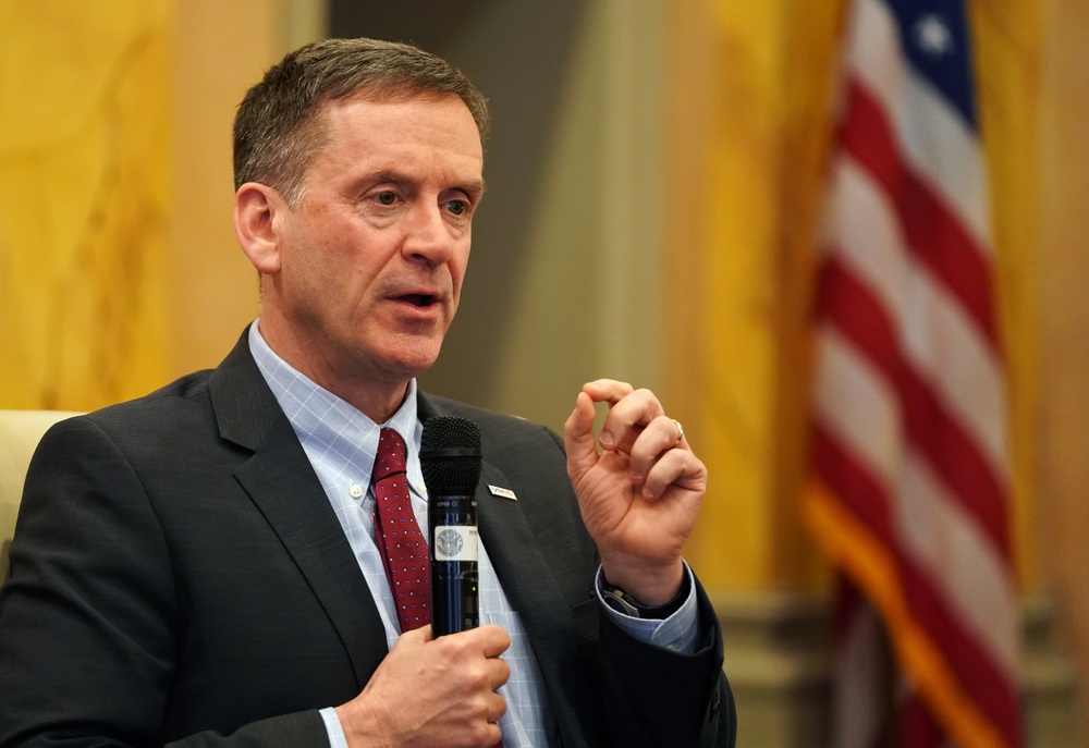 USAID Administrator Mark Green speaks at the Executive Council on Diplomacy luncheon.