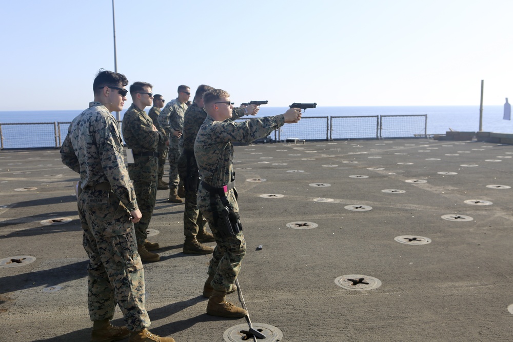 US Marines enhance pistol marksmanship aboard USS Oak Hill