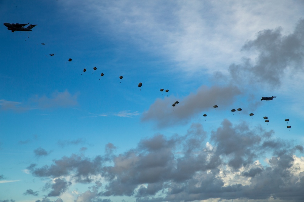 Paratroopers perform excerise at Andersen Air Force Base