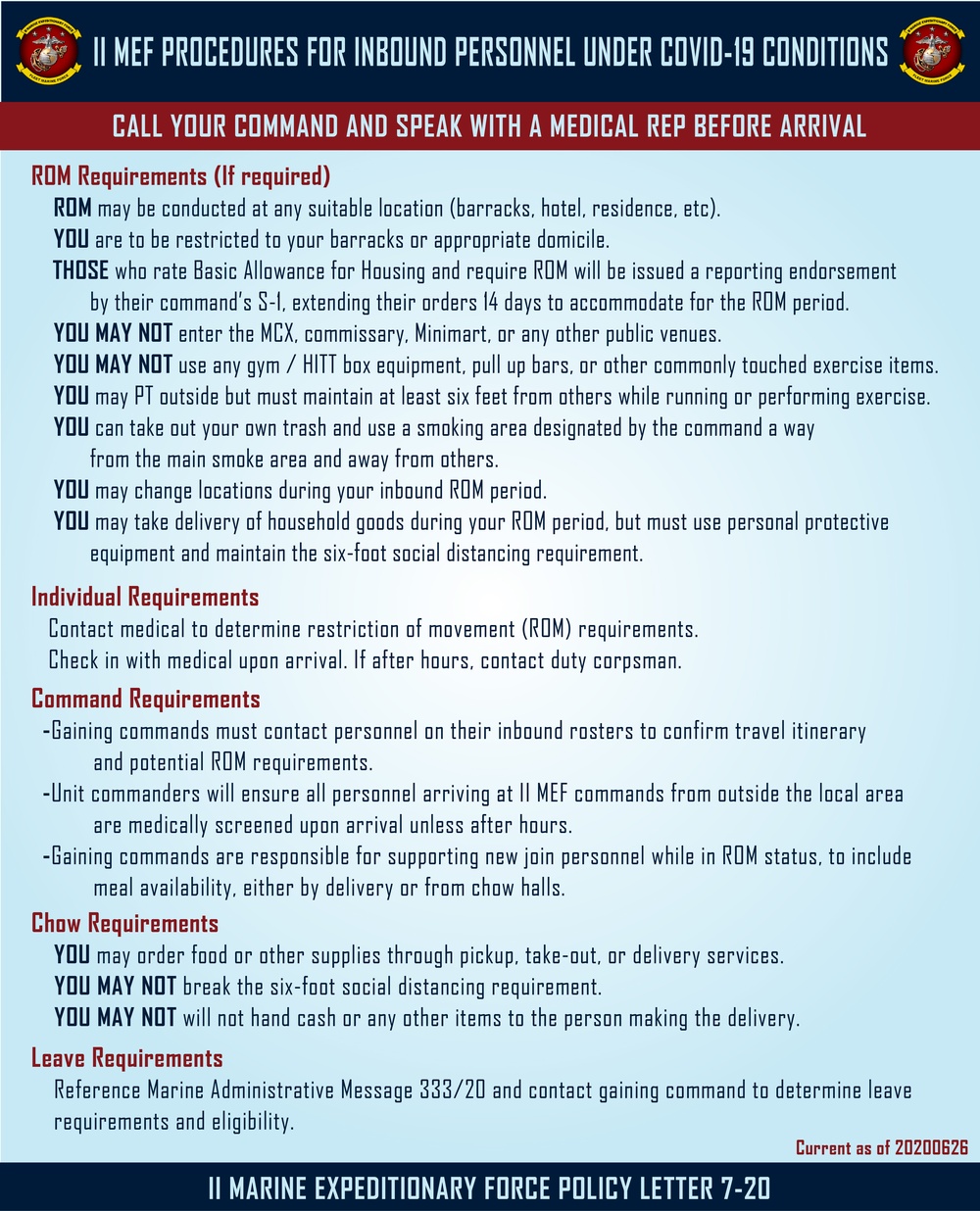 II MEF Procedures for Inbound Personnel under COVID-19 Conditions