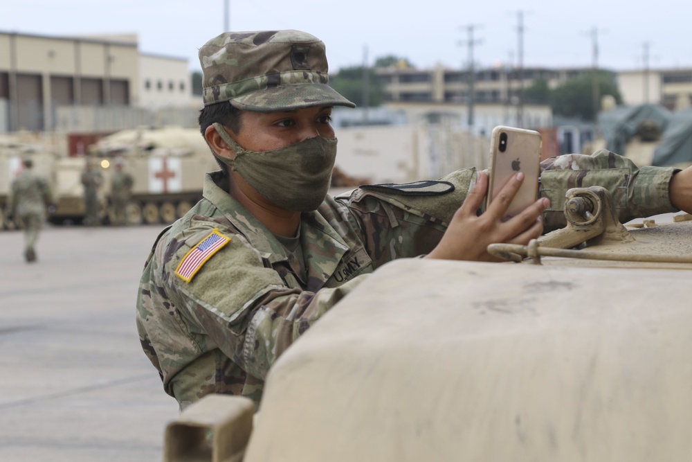 Spc. Silvia Raya, a 19K, M1 Armor Crewman with 1-7 CAV, participates in Instagram-live with Brig. Gen. Patrick Michaelis