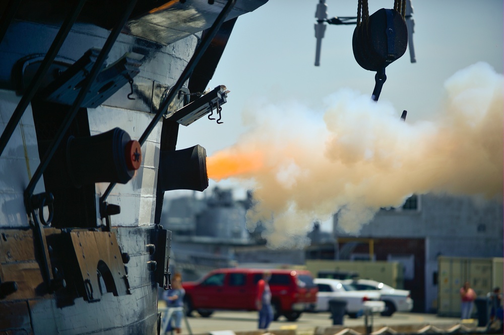 USS Constitution fires a 21 gun salute for Facebook Live