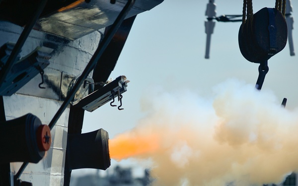 USS Constitution fires a 21 gun salute for Facebook Live