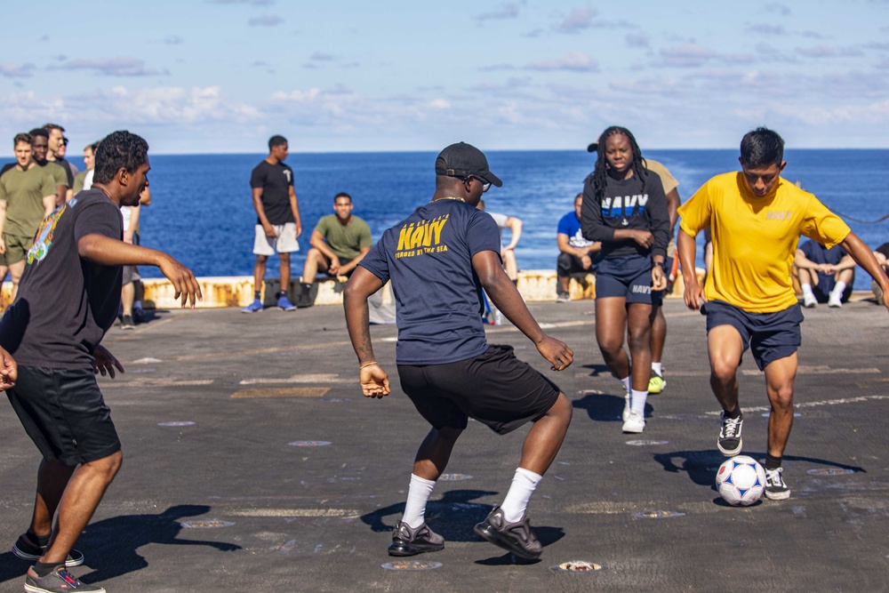 Sailors and Marines take part in a steel beach picnic