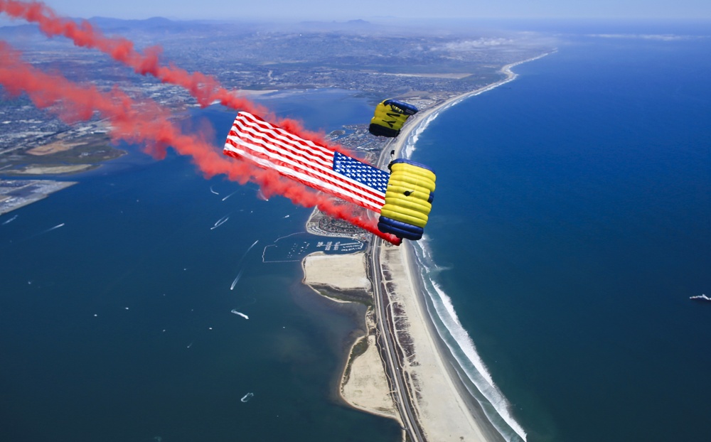 Navy Parachute Team performs a tethered flag routine during Independence Day