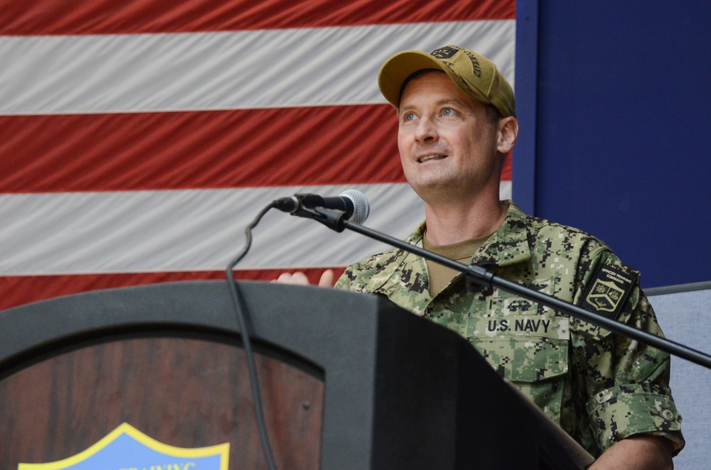 200710-N-TB852-0021 NEWPORT, R.I. (July 10, 2020)  Mark C. Hazenberg assumes command of Navy Officer Training Command